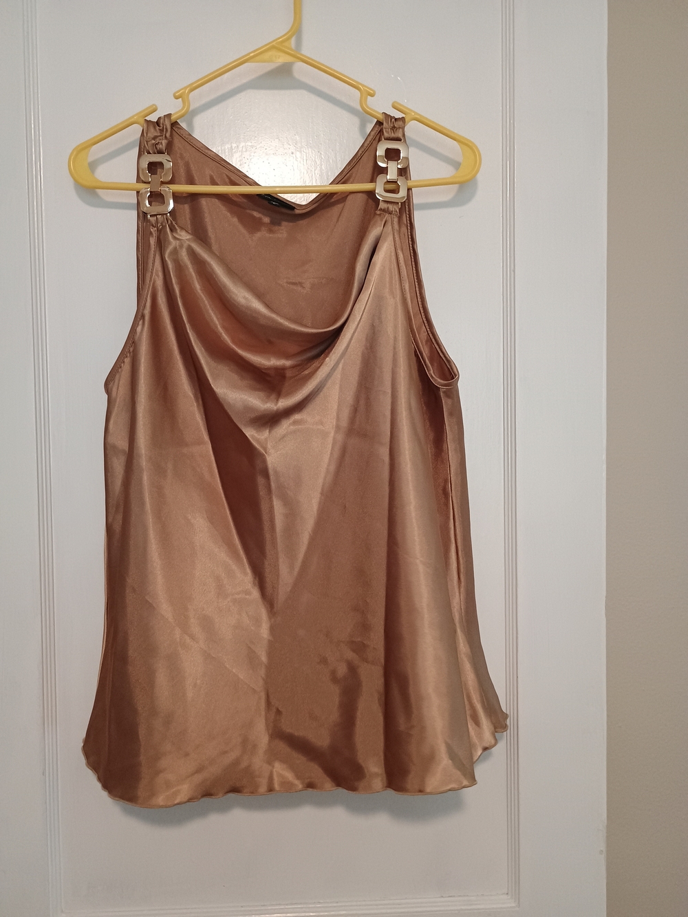 Nicole Miller New York Satin Cowl Neck Top Large Y2K Gold Hardware Champagne